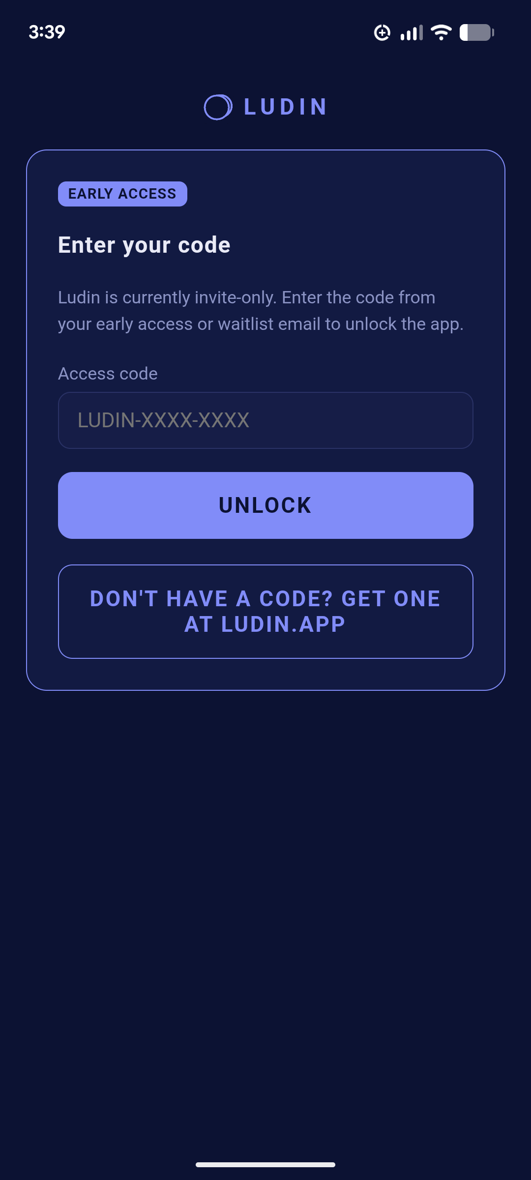 The Enter your code screen you see on first launch.