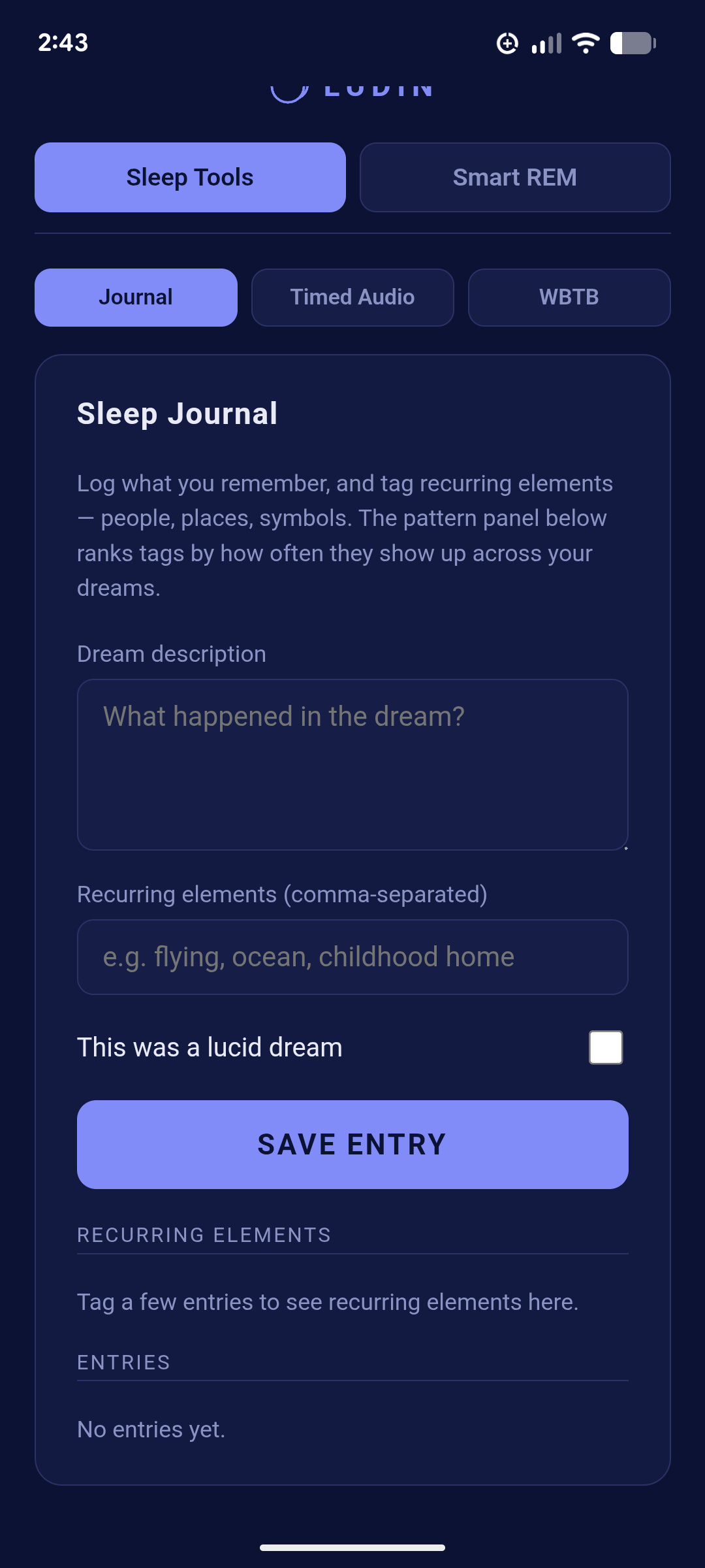 Sleep Tools › Journal, before any entries have been saved.