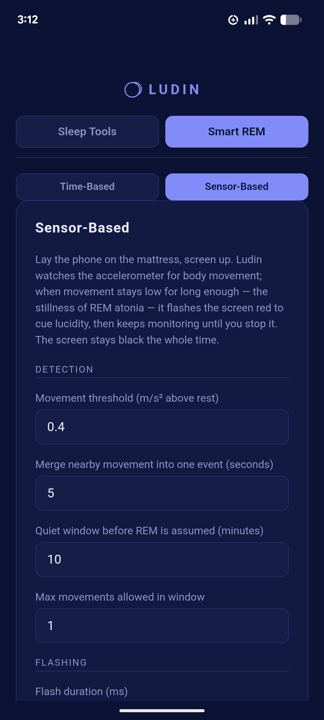 Smart REM › Sensor-Based — the Detection settings.