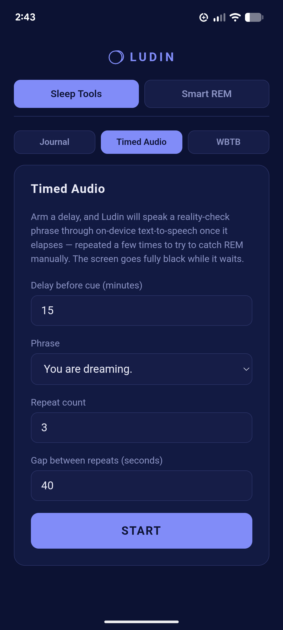 Sleep Tools › Timed Audio with its default settings.