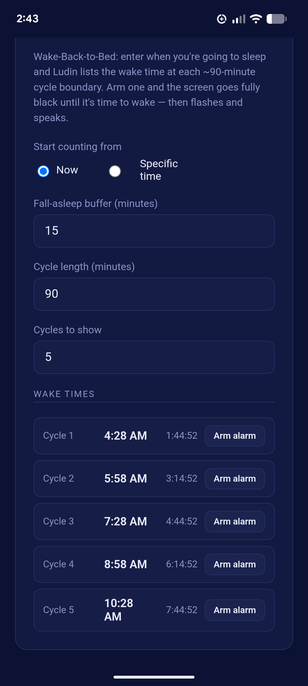 Five cycle boundaries, each with a countdown and an Arm alarm button.