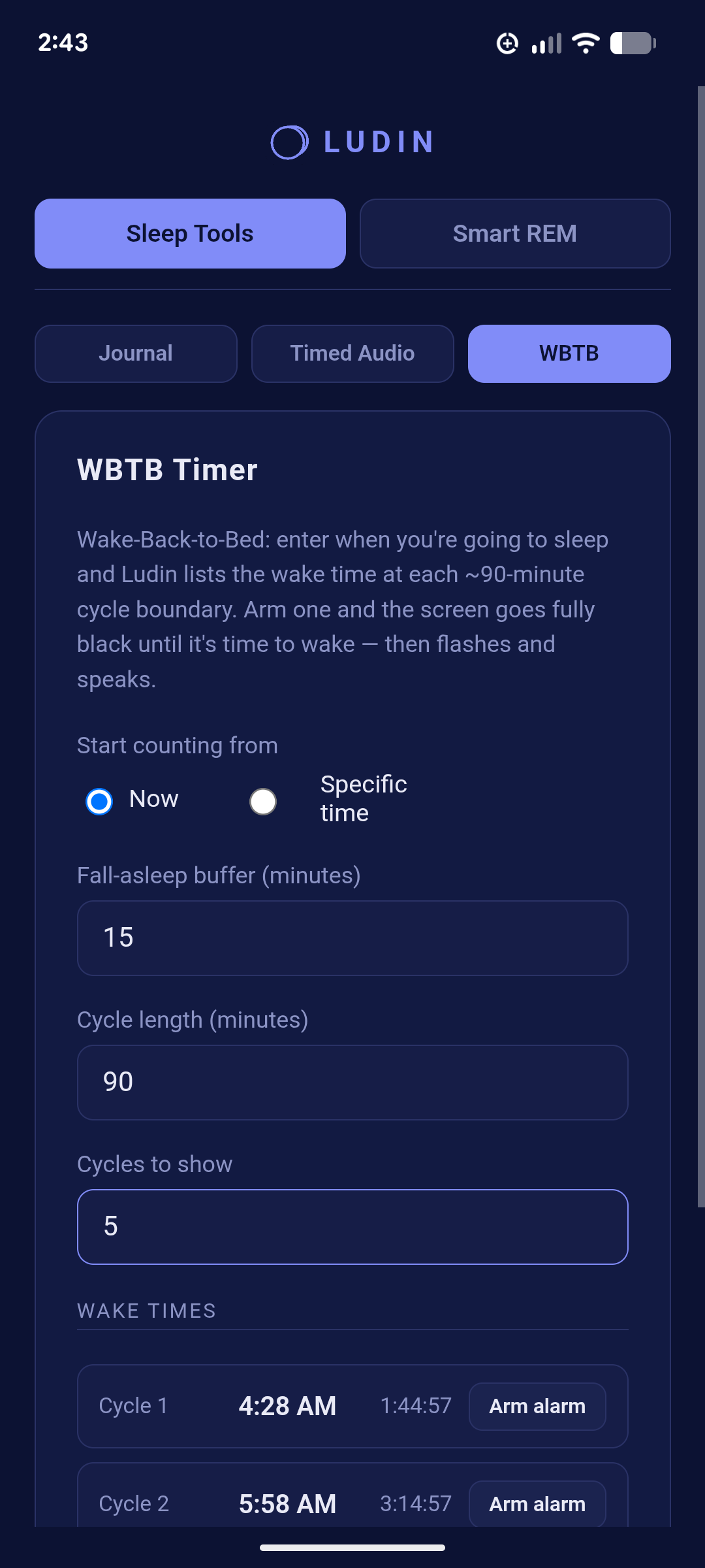 Sleep Tools › WBTB, with the calculated wake times below.